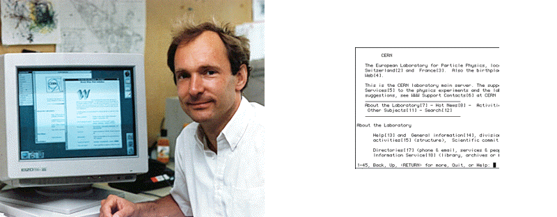 Abbildung 1: Der erste grafische Webbrowser, Tim Berners-Lee, die erste Webseite des CERN im Line mode browser