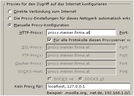 Abbildung 135: Proxy-Konfiguration in Firefox: Extras - Einstellungen - Erweitert - Netzwerk – Verbindung