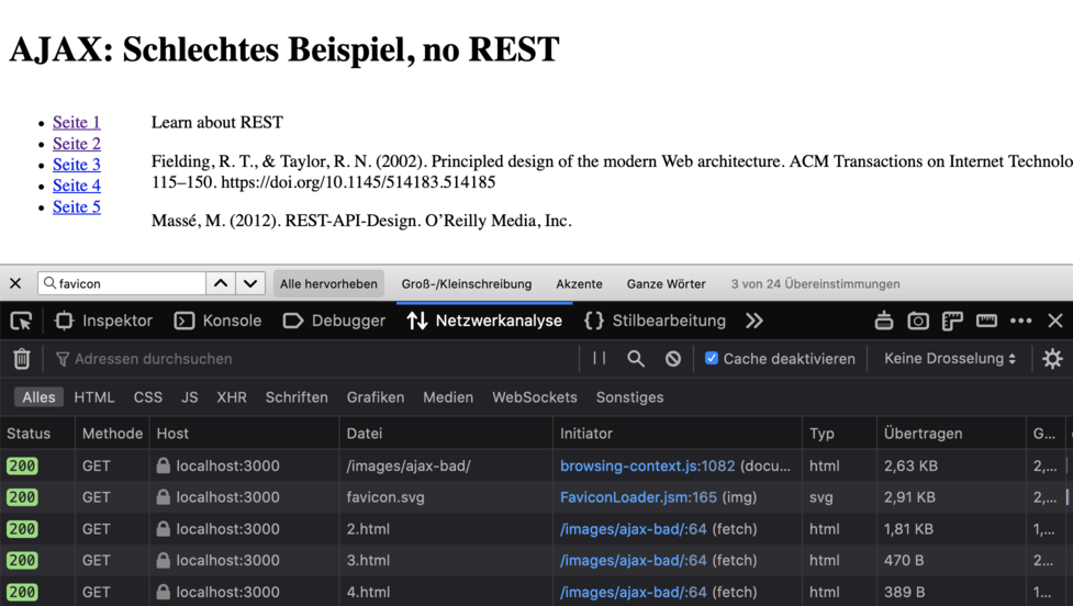 AJAX statt normaler Links - in den developer tools