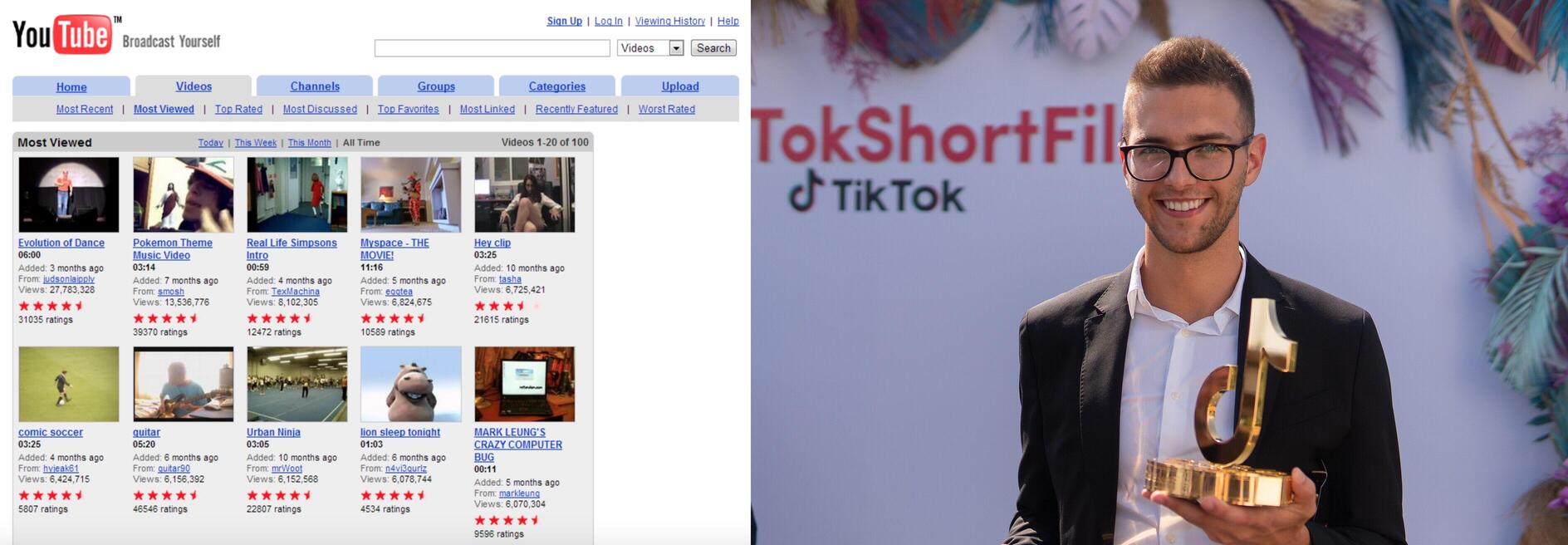 Abbildung: YouTube 2005 und der Preisträger des TikTok Short Film Competition beim Cannes Film Festival 2022