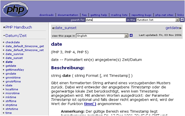 Abbildung 129: Eine Funktion in der Doku auf php. net nachschlagen
