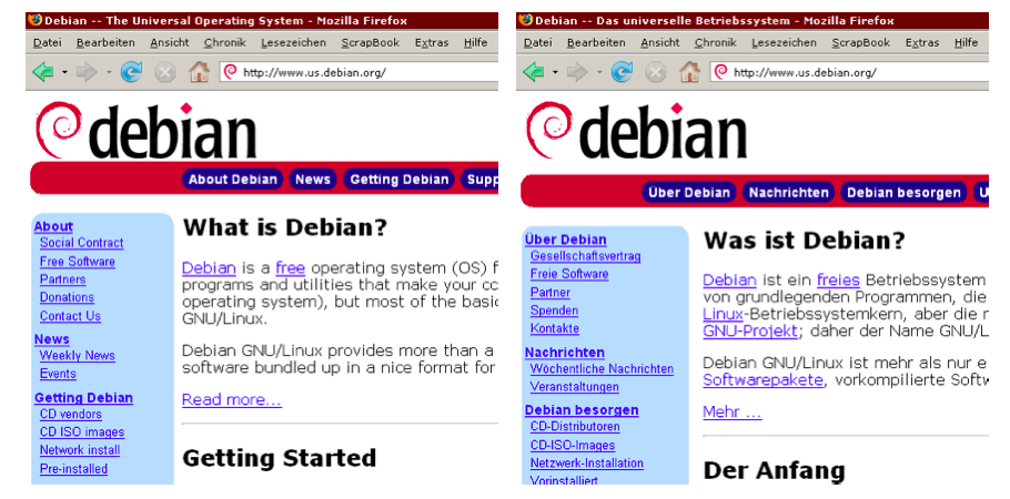 Abbildung 133: Homepage von Debian, verschiedene Sprachen bei gleicher URL