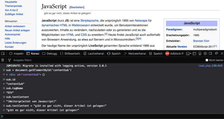 Abbildung 58: Javascript Console in den Developer Tools: Manipulation von Wikipedia