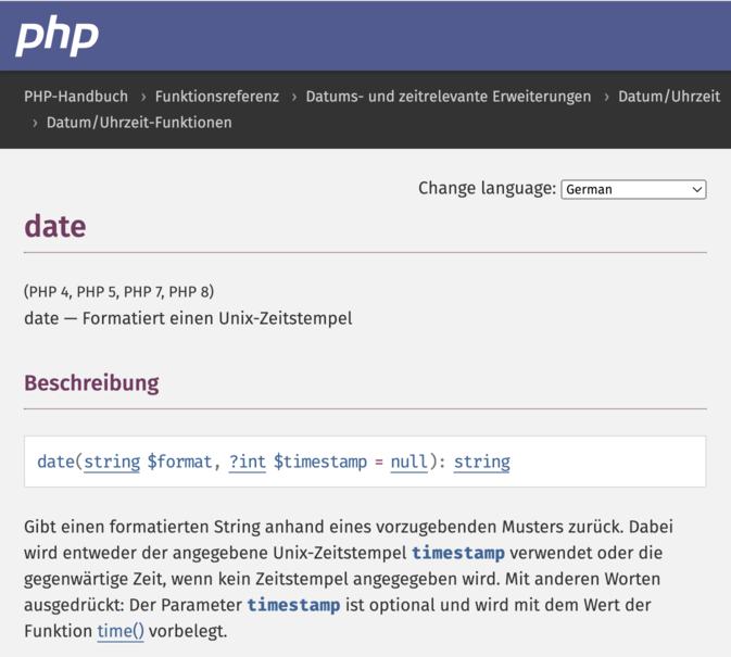 Abbildung 129: Eine Funktion in der Doku auf php.net nachschlagen